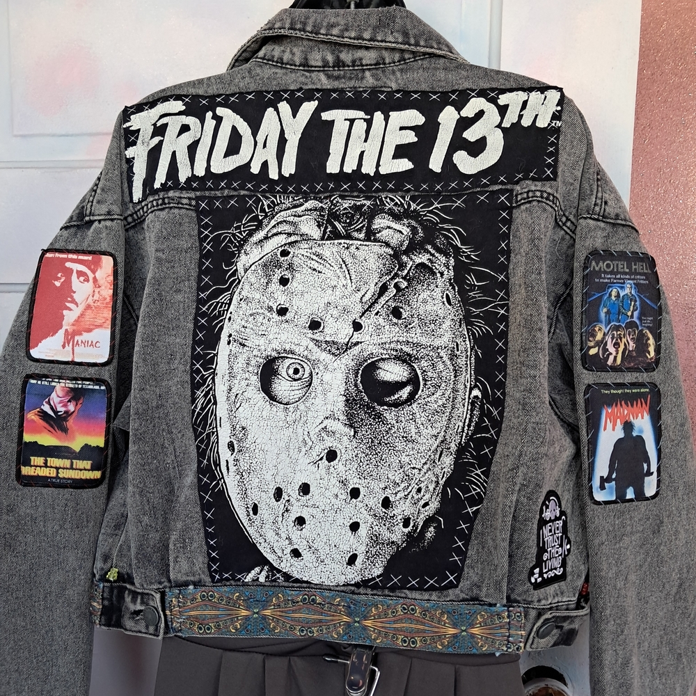 Custom RAGE Horror Cropped Grey Denim Jacket! OOAK Unique Fandom Wear! Friday 13 - Picture 2 of 16